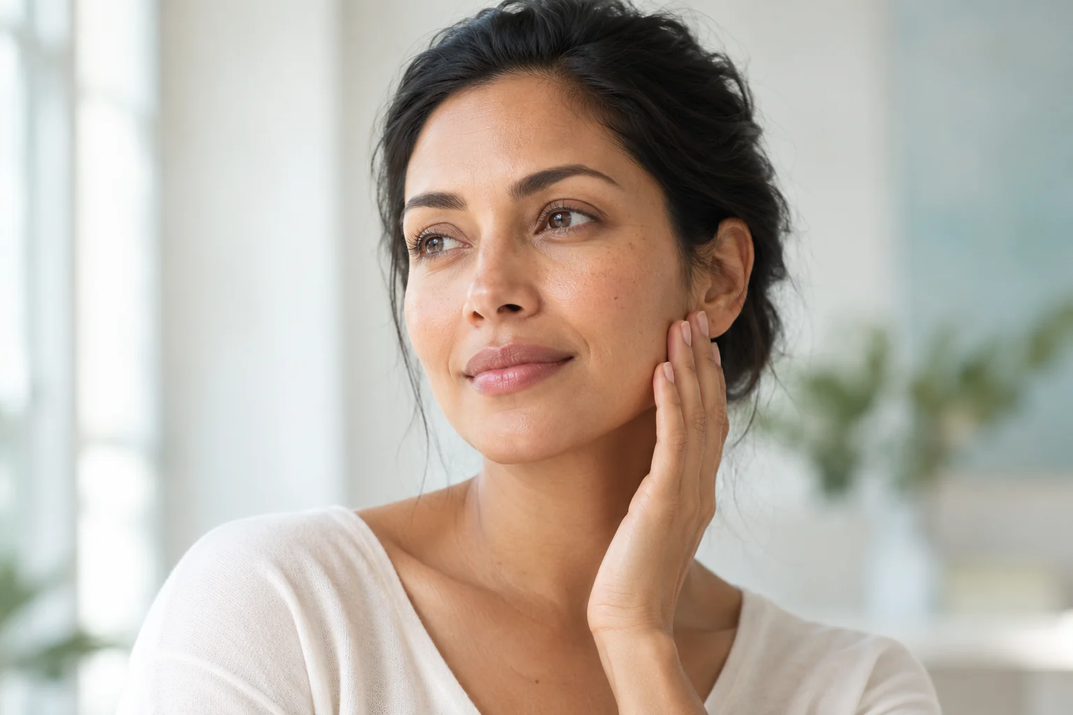 Woman with natural skin texture gently touching her cheek in daylight.