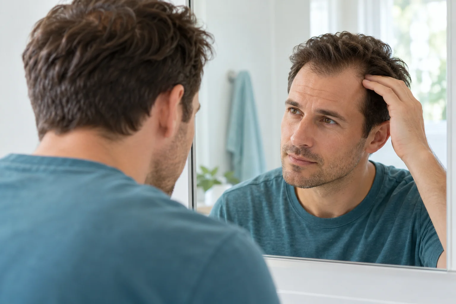 Adult man gently examining his hairline in a bright bathroom mirror.