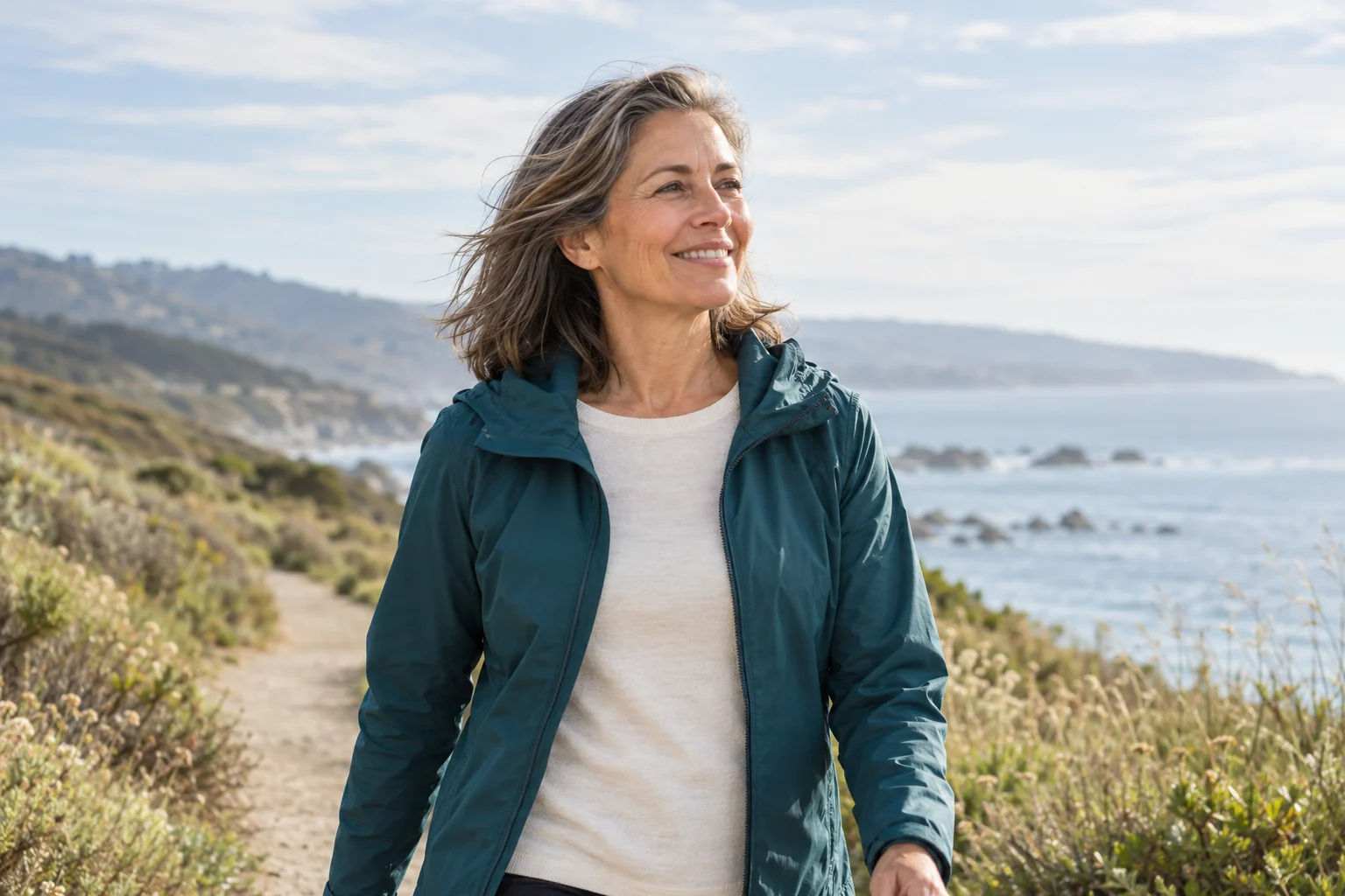 Active woman in her fifties enjoying a relaxed walk outdoors.