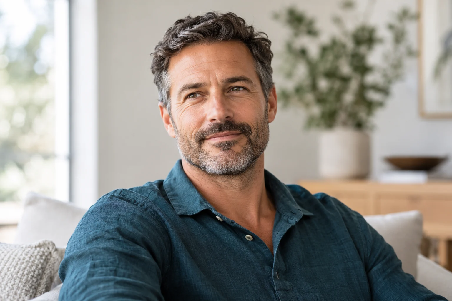 Man in a relaxed teal shirt in a bright, neutral interior.