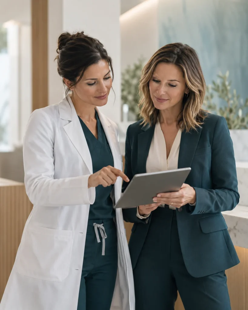 Physician and med spa founder reviewing a tablet, composed for a mobile homepage.