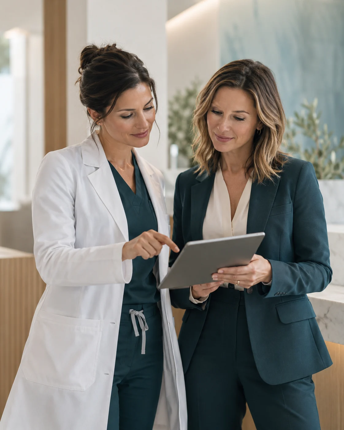 Physician and med spa founder reviewing a tablet, composed for a mobile homepage.