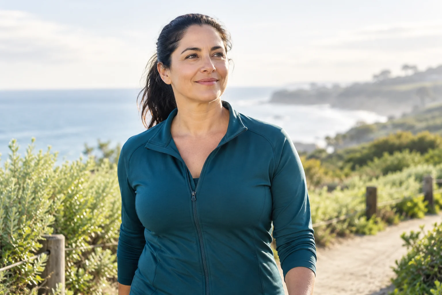 Woman in teal activewear taking a relaxed walk outdoors in natural light.